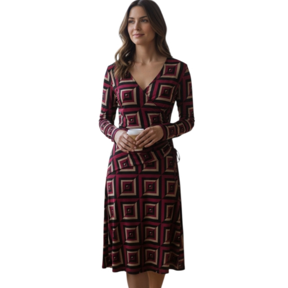 9 & CO. FAUX WRAP GEOMETRIC RASPBERRY DRESS SZ.6 EUC.